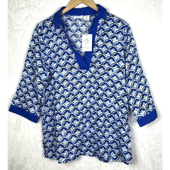 Sigrid Olsen Women's Blouse 100% Linen Blue White Size Medium NWT - Picture 1 of 7